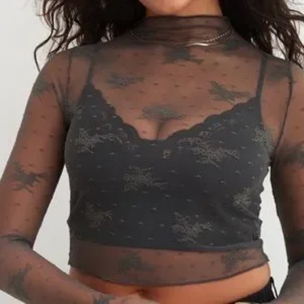 Aerie Level Up Sheer Gray Lace Long Sleeve Top XS
